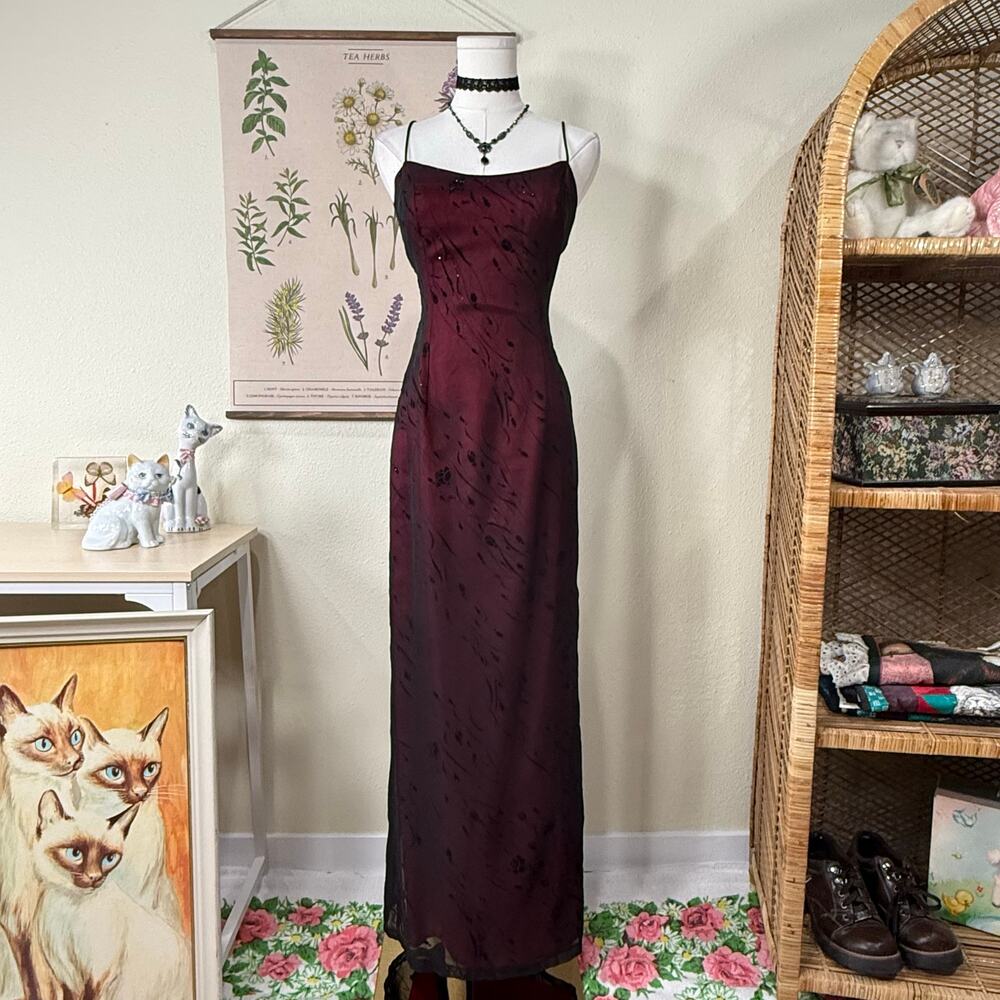 90s Y2k Glitter Velvet Floral Tie Back Formal Dress Whimsigoth Dark Fairy XS S - Picture 3 of 8